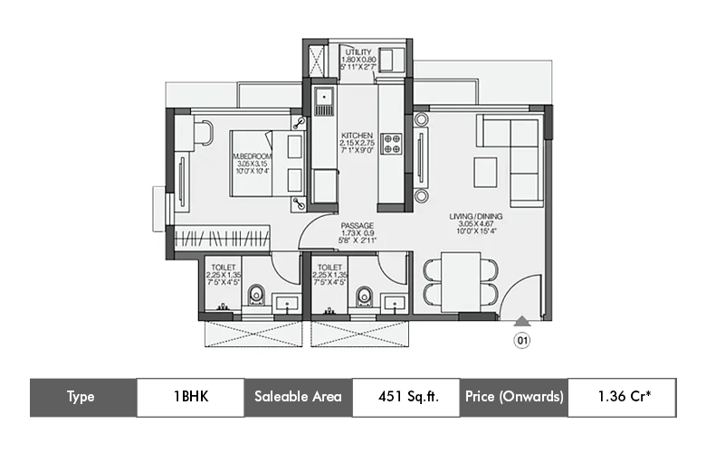 1 BHK 451 Sq ft