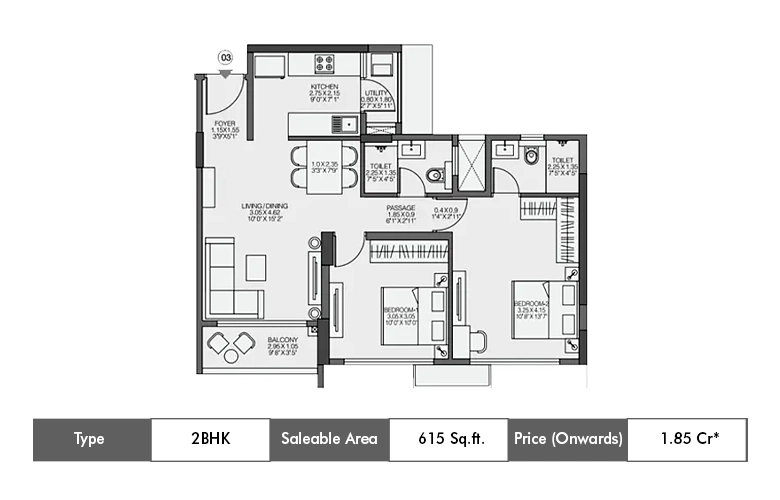 2 BHK 615 Sq ft