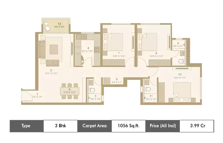 3 Bhk-1056 Sq.ft