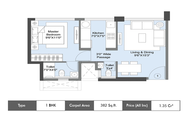 1 BHK-382 Sq.ft.