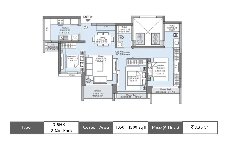 3 BHK-1050 Sq.ft