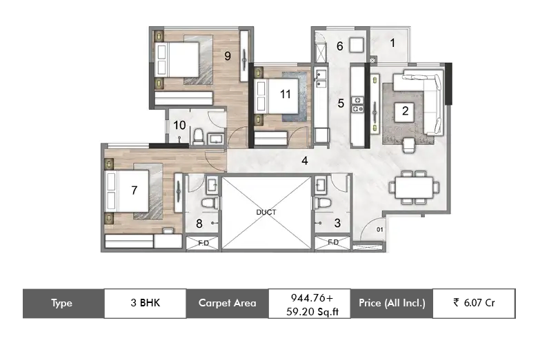 3 BHK 944.76 + 59.20 Sq.ft