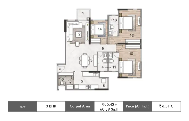 3 BHK 996.42 + 60.39 Sq.ft